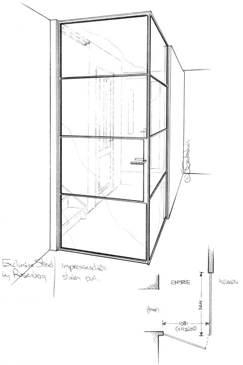 Ontwerpschets voor scheiding tussen woonkamer en hal door hoekwand van staal en glas. Project in Voorhout.