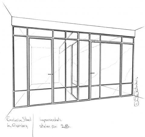 Ontwerpschets voor stalen deur met bijzondere asymmetrische vakverdeling in Amsterdam.
