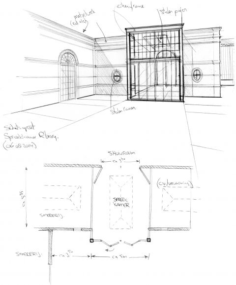 Ontwerpschets voor stalen buitengevel van de showroom in Made.