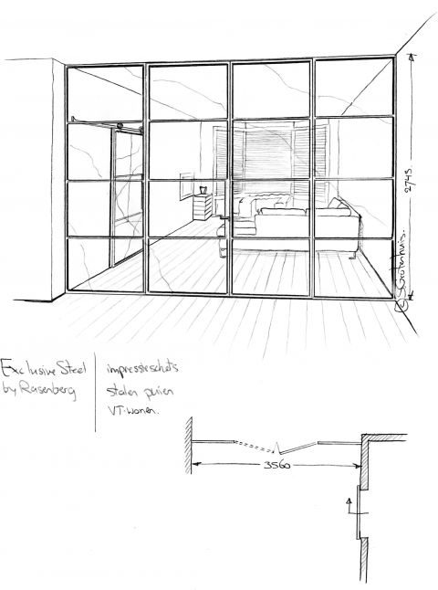 Ontwerpschets voor stalen pui in Overveen aflevering Weer Verliefd op je Eigen Huis van vtwonen.