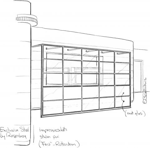 Ontwerpschets voor de stalen wand aan de foodbalie in restaurant Fred in Rotterdam.